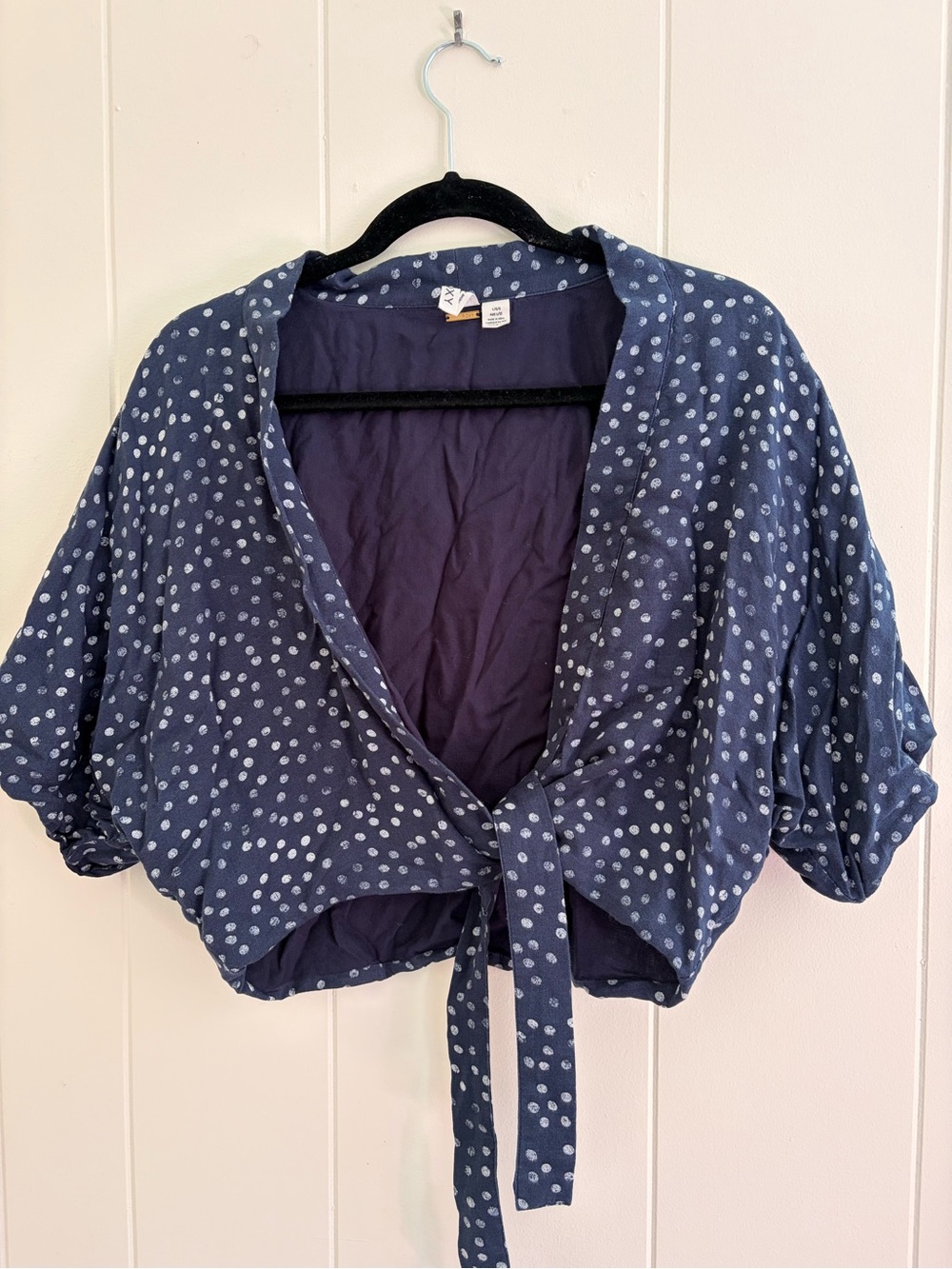 Roxy Navy and White Polka Dot Tie-Front Crop Top